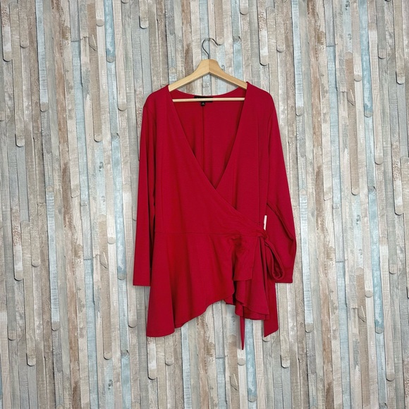 New Eloquii 18 Red V Neck Peplum Wrap Top Stretch Ponte Knit Tie Close Plus Size - Picture 2 of 11